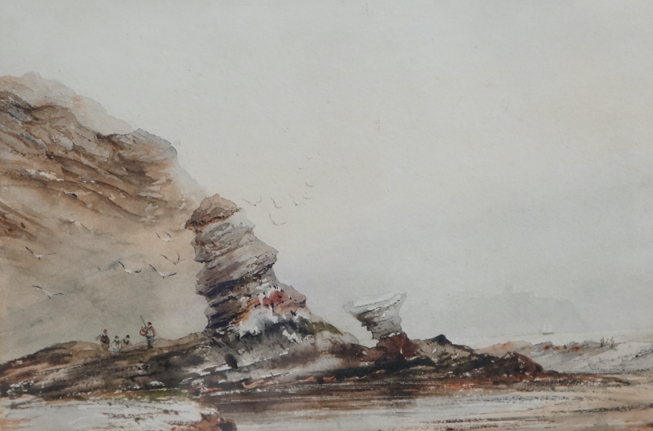 Henry Barlow Carter (1803-1867) watercolour, Rocks on the Coast, near Scarborough, Yorkshire, unsigned, The Fine Art Society label verso, 16 x 23cm